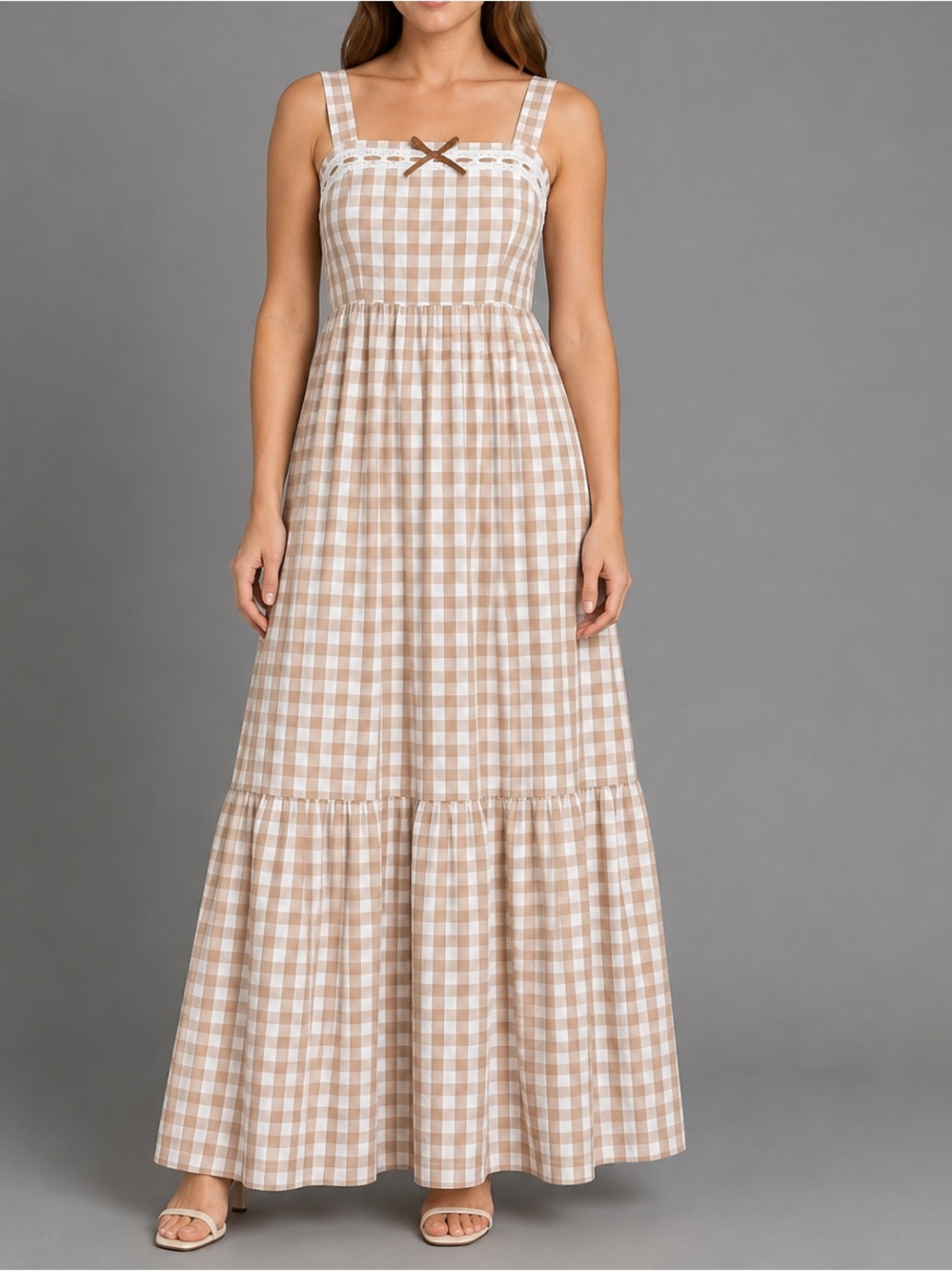 Haute Hippie Style Gingham Tiered Maxi Dress Brown White Size 6 Cottagecore